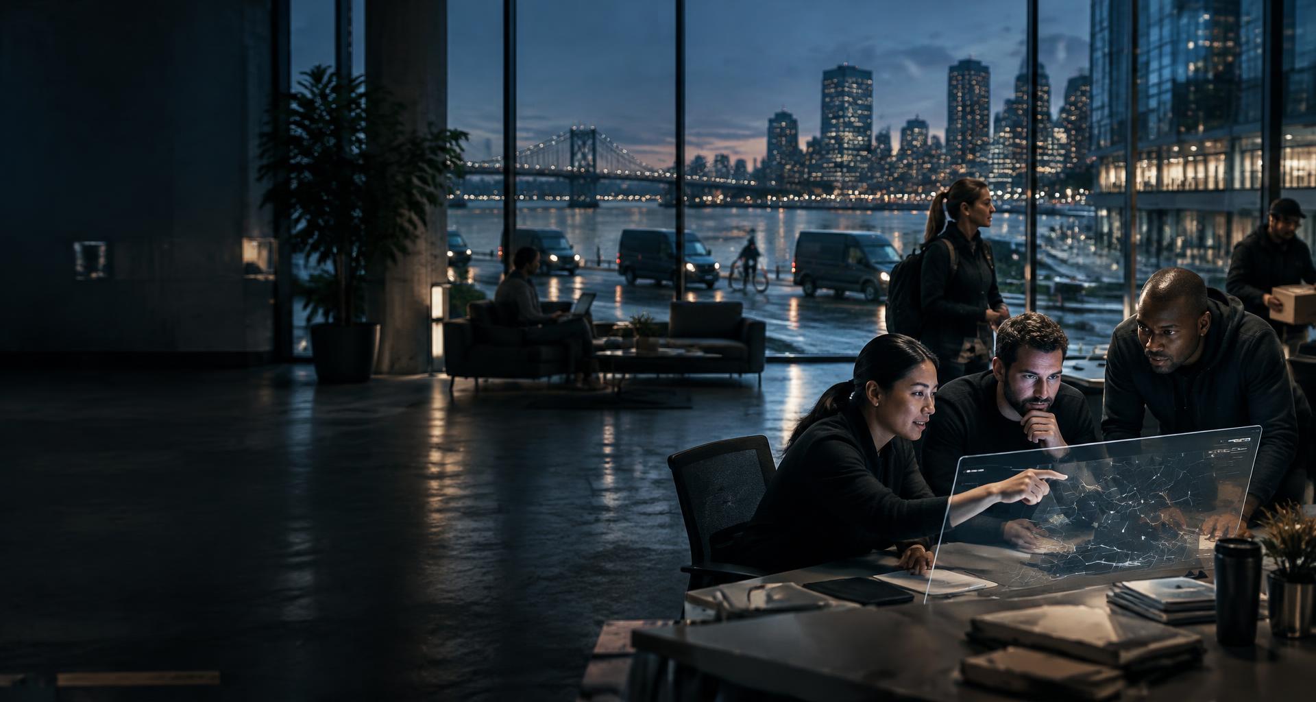 Entrepreneurs and operators collaborating in a connected city workspace